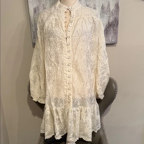 Elegant Cream Eyelet Lace Button-Down dress